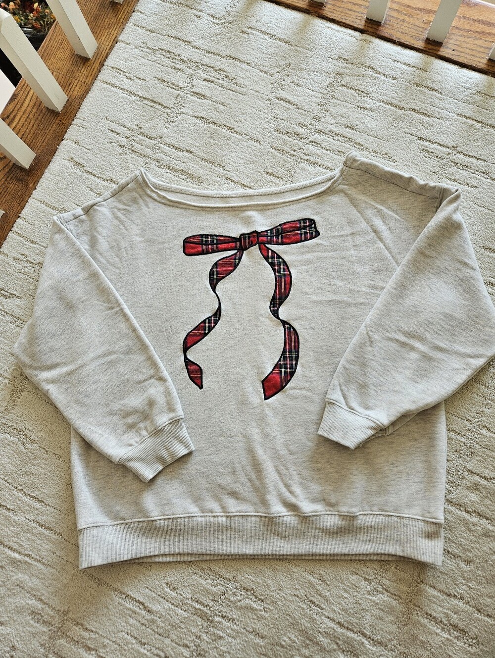 Goodie Two SleevedLight Gray Women's Sweatshirt w/ Red Plaid Bow Graphic, Large